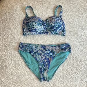 nip tuck bikini blue feather pattern sz 6 swimsuit blue print